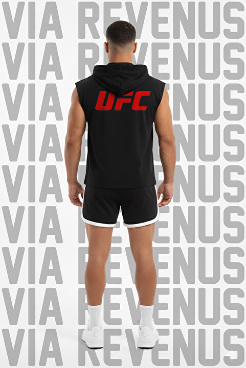 Vordevia UFC Baskılı Kapüşonlu Kolsuz Spor Tişört ve Biyeli Spor Şort Takımı Gym & Fitness Kombini