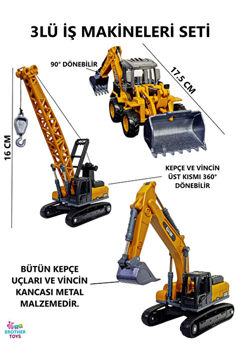 Brother Toys 3'lü İş Makinesi Seti Kepçe, Vinç, Kazıcı-Yükleyici - Metal Uçlu İş Makinaları Küçük Boy