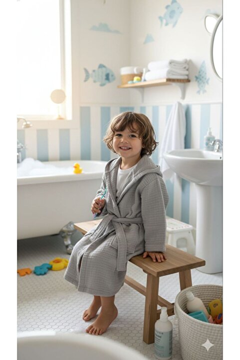 Limon's Baby %100 Pamuk 4 Kat Müslin Antrasit Gri Çocuk Bornozu