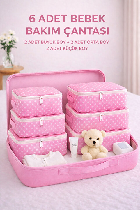 Spartek home textile 6 Parça PEMBE desenli - Doğum/Hastane Çıkış Çantası - puantiye desenli