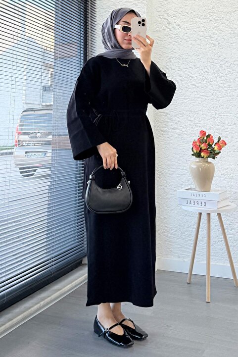 MELEK ARAZ Premium Amore Çelik Örme Kuşaklı Triko Elbise - Siyah