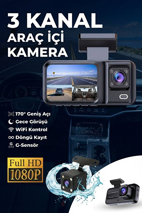 METONTECH 3 Kanallı Araç İçi Kamera | Ön + Arka + İç Kamera | 1080P HD, Geniş Açı, Gece Görüşü, Döngü, WiFi