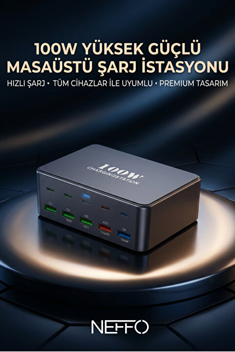 NEFFO 100W Süper Hızlı Akıllı Şarj İstasyonu | 10 Port USB + Type-C Güç Dağıtımlı Adaptör