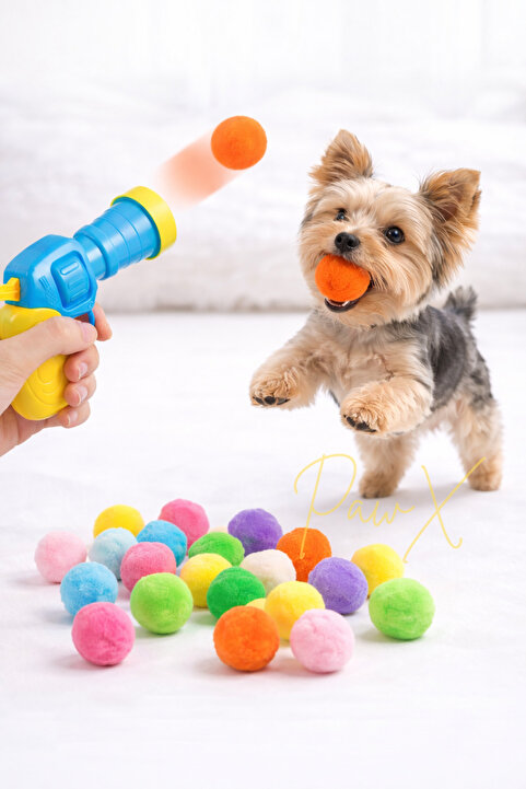 PapyonPet İnteraktif Kedi Köpek Oyuncağı Peluş Top Fırlatan Oyun Tabanca Oyuncak 15–20 Toplu