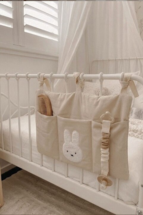 vivimade Tavşan Nakış Detaylı Keten Kumaş Bebek Çocuk Yatak Beşik Kenarı Organizeri