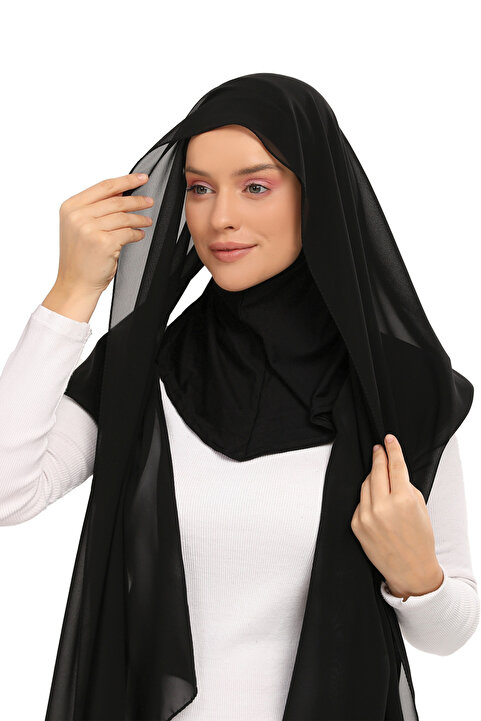 Altobeh Hazır Lüks Pratik Hijablı Şifon Şal Siyah