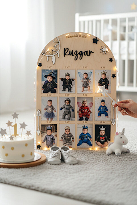 aze kids 1 Yaş 12 Ay Doğumgünü Kişiye Özel 3D Boho Temalı Ahşap Fotoğraf Panosu Büyük Boy