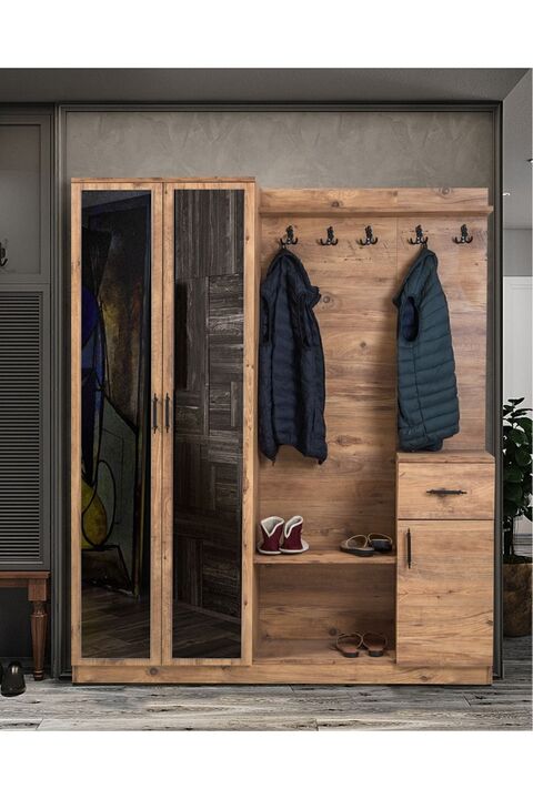 Moderniya Flora 2 (İKİ) Kapılı Ceviz Aynalı Elbise Askılığı Kapaklı Vestiyer, Portmanto, Ayakkabılık