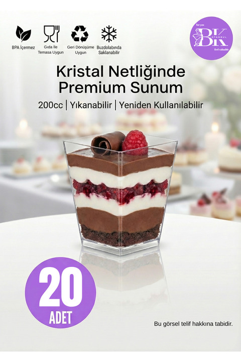 bkistanbul Prizma Mini Tatlı Kabı 20 Adet Şeffaf Plastik Sunum Kupası Tatlı, Magnolya, Puding İçin 20'li Kap