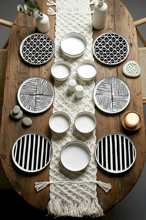 Kitchen Life 12 Parça 6 Kişilik Stackable Pop Black White Kahvaltı Takımı - Lüx Kahvaltılık Sunum Tabağı Seti