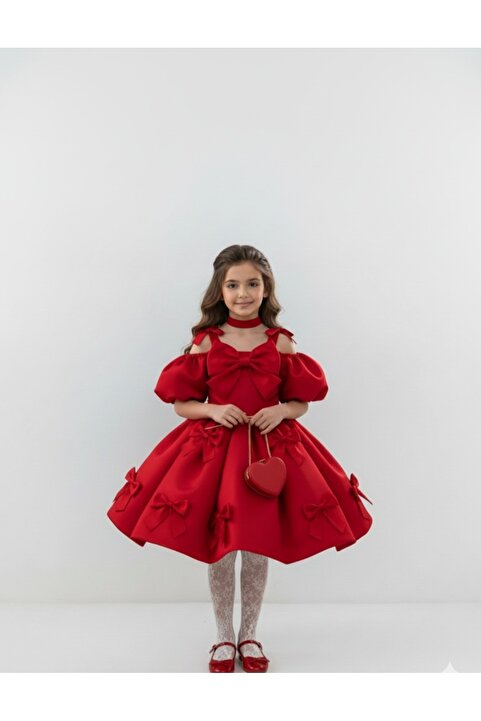 Star Kids Kız Çoçuk Kırmızı Fiyonklu Kırmızı Elbise,Kız Çocuk Mezuniyet Elbisesi