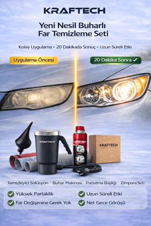 Kraftech Buharlı Araba Far Temizleme - Parlatma Seti