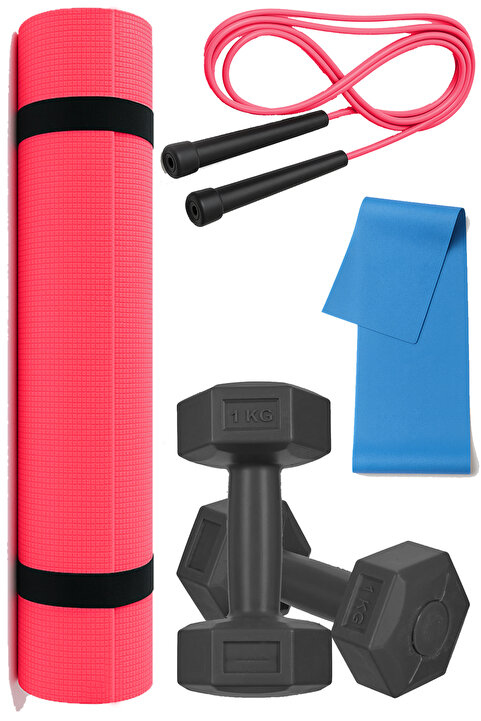 Tosima Pilates & Fitness Seti – 6mm Pilates Minderi, Atlama İpi, 2x1 Kg Dambıl, Pilates Lastiği