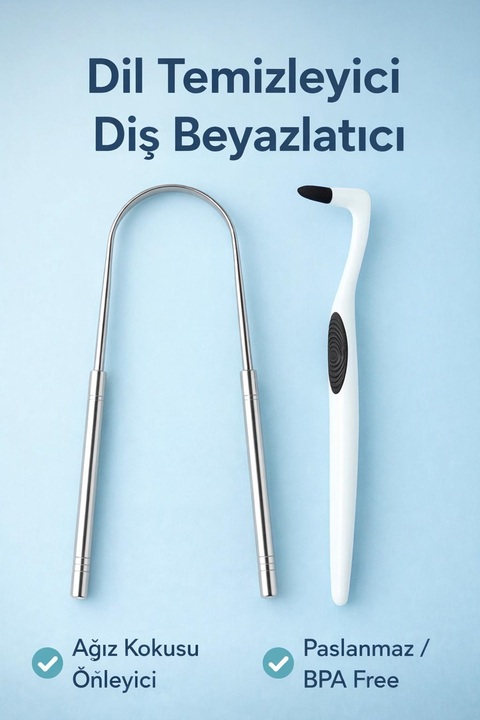 İndirimKap Paslanmaz Çelik Dil Temizleyici / Dil Sıyırıcı Ve Diş Beyazlatıcı ve Diş Silgisi Ağız Bakım Seti