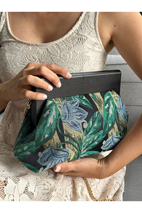 JOPHIEL ATELIER Penalope Collection - Zincirli, Ahşap Burslu Kumaş Çanta, Clutch, El Çantası, Çanta