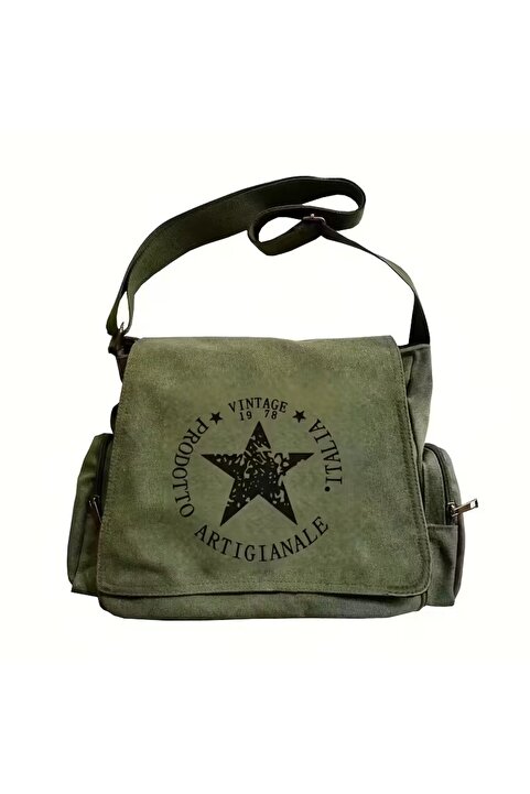 Toum Vintage Star Baskılı Unisex Yeşil Postacı Çantası