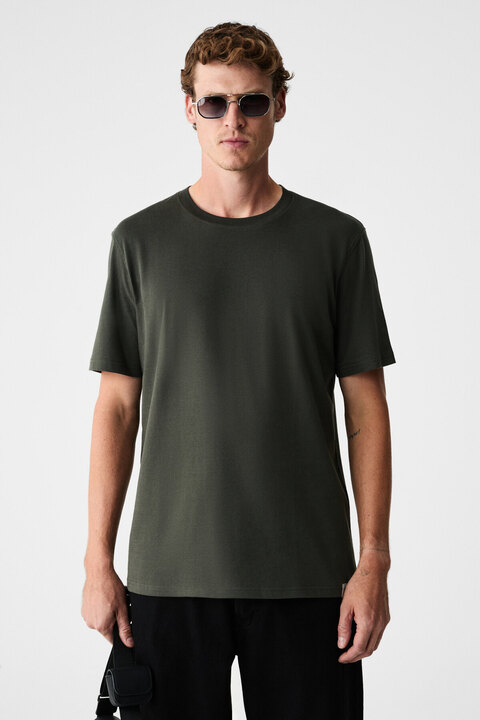 GRIMELANGE RUDY Erkek %100 Organik Pamuk Nefes Alan İç Göstermeyen Bisiklet Yaka Basic Haki T-Shirt