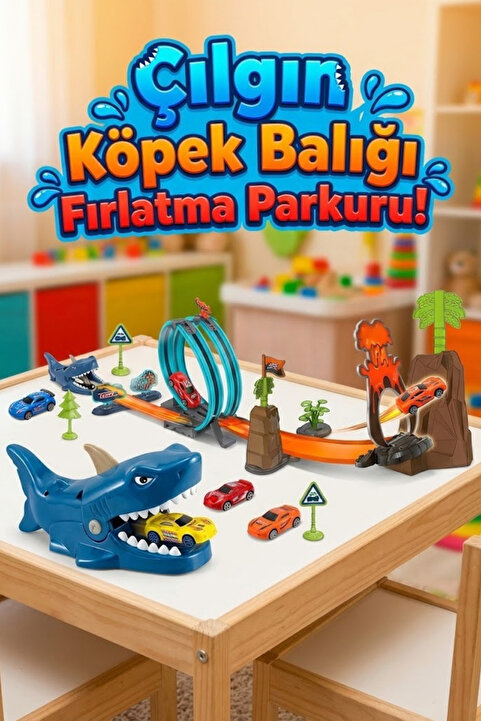 craftivio Çılgın Köpek Balığı Fırlatma Parkuru - 3 Arabalı 360 Derece Takla Atan Yarış Pisti Seti (32 Parça)