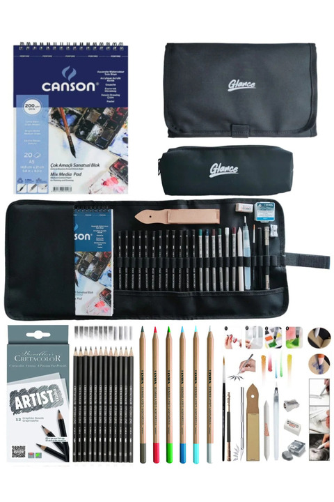 GLANCE Defter A5 200gr Cretacolor 6'lı Aquarell-Dereceli Cepli Siyah Kalemlik 24 bölmeli + Kalem Kutusu Set