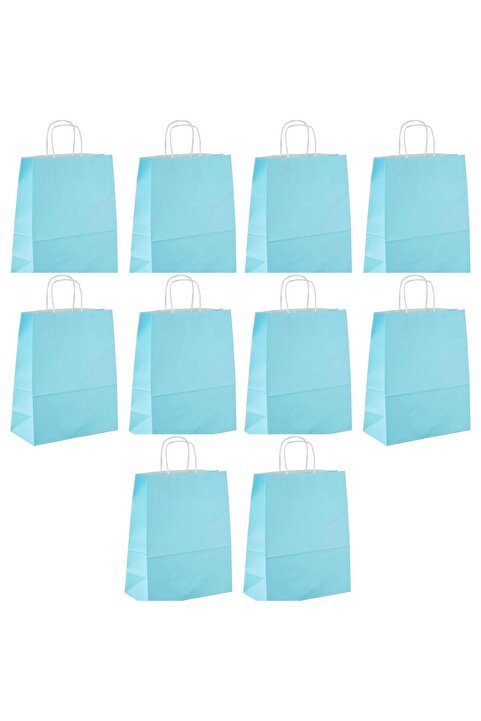 Roll Up Büküm Saplı Kraft Kağıt Çanta Karton Hediyelik Poşet Torba - Mavi -18x24 Cm. - 10 Adetlik Paket