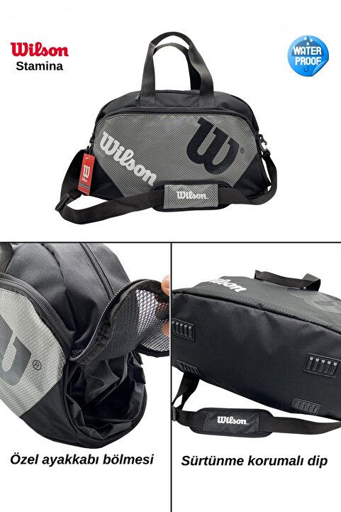 Wilson Unisex Ayakkabı Bölmeli Çok Cepli Gri Su Geçirmez Komple Astarlı Seyahat ve Spor Çantası