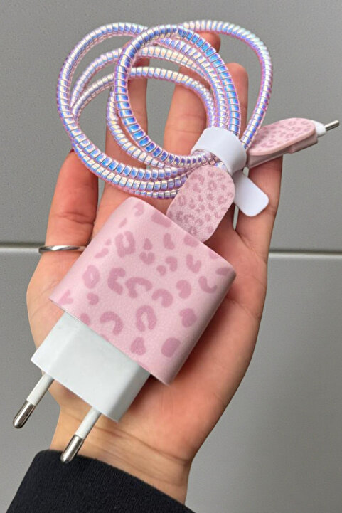 KVK PRİVACY 18W/20W/25W Uyumlu Şarj Kılıfı Şarj Kablosu Örme Aparatı Kablo Koruyucu Toparlayıcı Pembe Leopar