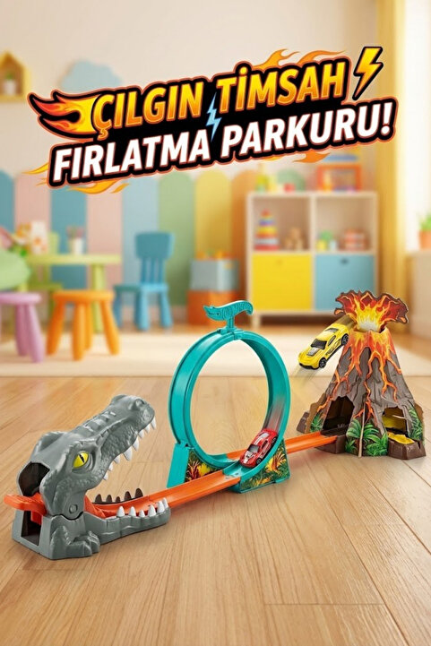 craftivio Çılgın Timsah Fırlatma Seti 360 Derece Takla Atan Hızlı Araba Yarış Pisti - 2 Arabalı