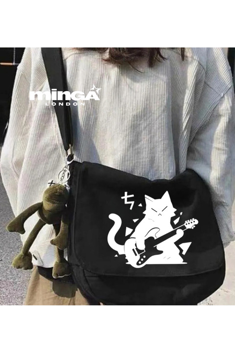 Minga London Siyah White Gitarist Baskılı Postacı çantası