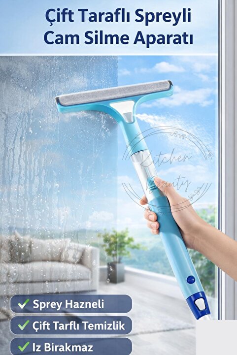 Kitchen Beauty Çift Taraflı Cam Silme Aparatı Sprey Hazneli Çek Çekli Uzayabilen Cam Sileceği