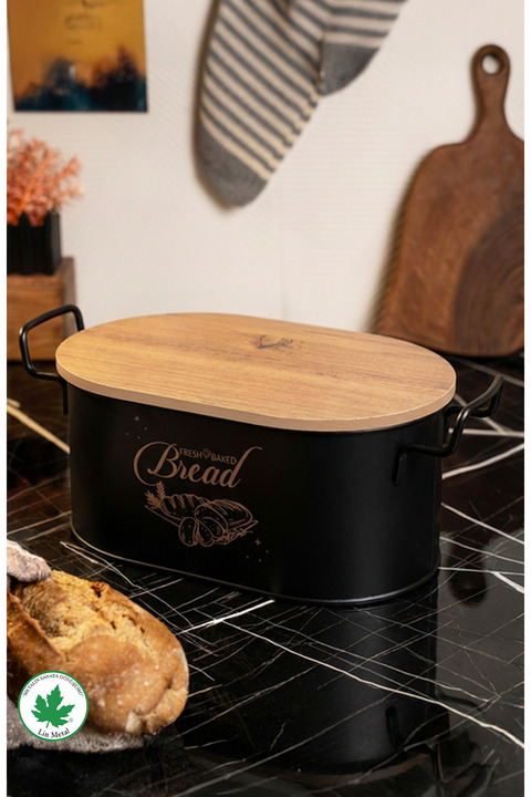 Lin Metal Ahşap Kapaklı Tel Kulplu Metal Ekmeklik (bread baskılı)
