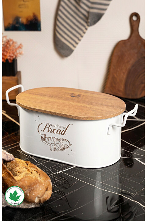 Lin Metal Ahşap Kapaklı Tel Kulplu Metal Ekmeklik (bread baskılı)