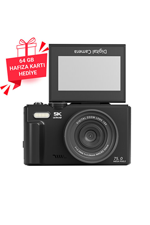 İMEXTECH W1 5K 75MP 18X Zoom Flaşlı 3” Flip Ekranlı Türkçe 64GB Kart Dijital Vlog Fotoğraf Makinesi