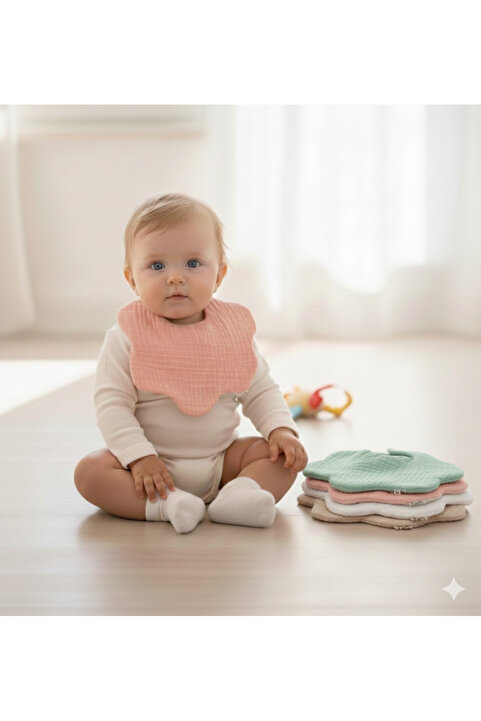 O&G Collection Çiçek 4'lü %100 Pamuklu Organik 8 Katlı Müslin Bebek Salya Önlüğü /Nikel Free Çıtçıt