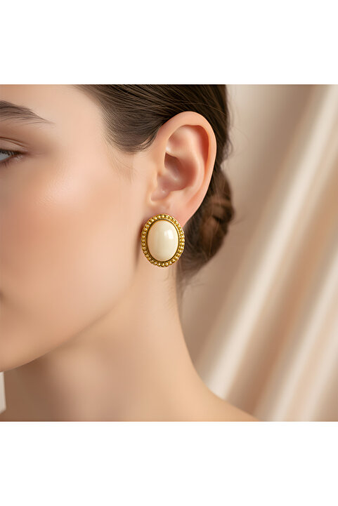mos&more Gold Krem Taşlı Oval Şık Kadın Küpe