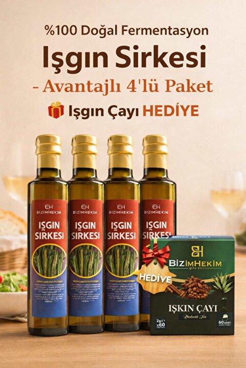 BİZİMHEKİM ŞİFA EVİ Bizim Hekim %100 Doğal Fermente Işkın Sirkesi (Rheum Ribes) 4x500 ml + Işkın Çayı Hediye