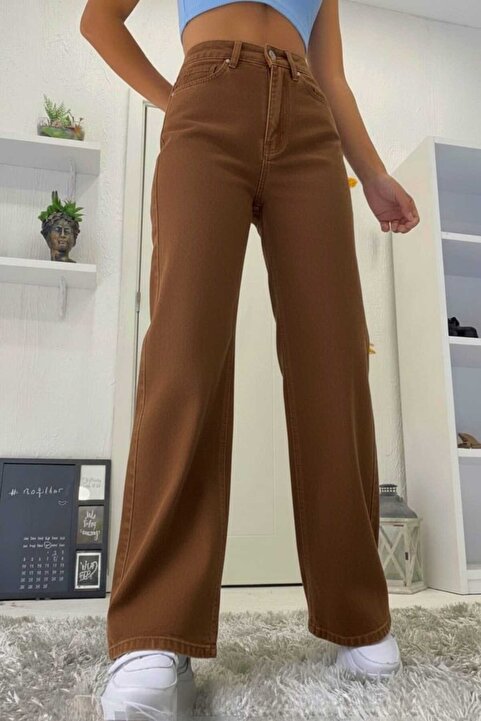 Livik Ness Likralı Kadın Kahverengi Süper Yüksek Bel Salaş Paça Denim Kot Palazzo Pantolon