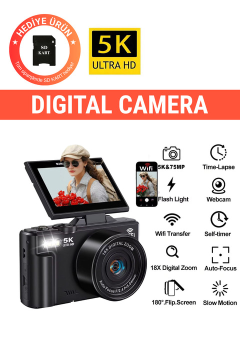 WUNİT W1 5K UHD 75 MP Dijital Kamera 18X Zoom Flaş 64 GB SD Kart 3" 180° Flip Ekranlı Seyahat & Vlog Retro
