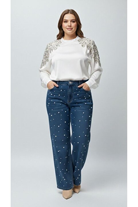 nd jeans Premium Büyük Beden Jeans Wide Leg High Waist İnci Taş Detaylı Kot Pantolon