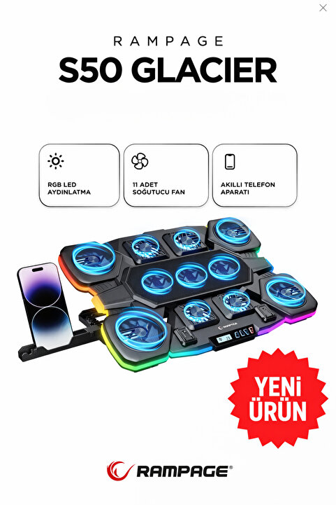 Rampage S50 Glacier RGB Işıklı 11 Fanlı LCD Göstergeli 1 Type C 1 Usb Girişli Yükselebilen Notebook Soğutucu