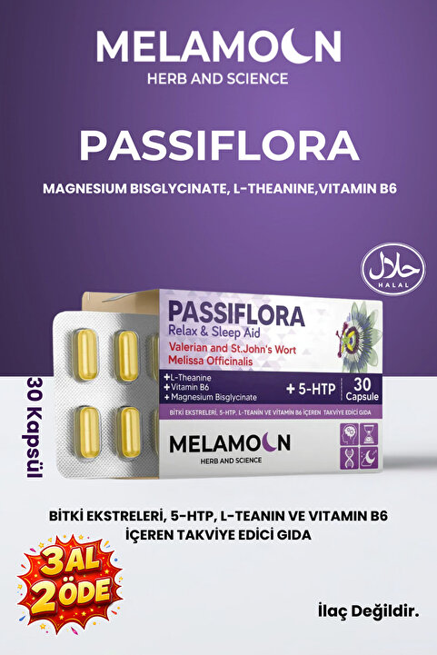 Melamoon Passiflora (pasiflora) 30 Kapsül Magnezyum Ve 5-htp İçeren Takviye Edici Gıda