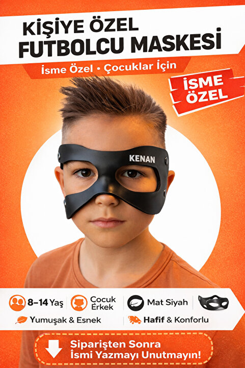 Outrock İsme Özel Futbolcu Maskesi Çocuk boy Siyah Mat Esnek Karne hediyesi