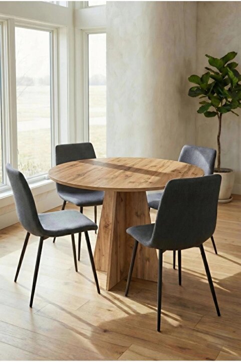 HMC DECOR Modern Yuvarlak 100cm Yemek Masası-mutfak Masası Atlantik Çam (SANDALYELER TEMSİLİDİR)