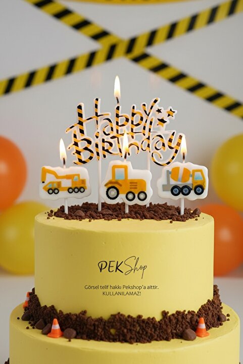 PEKSHOP İnşaat Tema Happy Birthday Mum Seti 4lü İnşaat Tema Doğum Günü Pasta Mum Seti