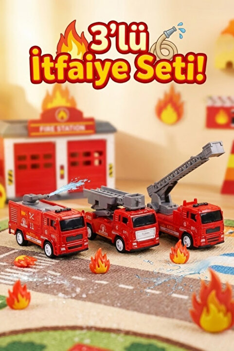 craftivio 3'lü Metal Çek Bırak İtfaiye Araba Seti - Dayanıklı Diecast Oyuncak İtfaiye Araçları