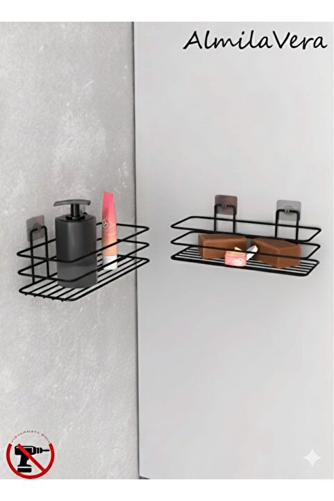KapKacakAl Güçlü Yapışkanlı Metal Siyah Banyo Rafı 2 adet