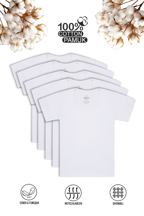 ÖZKAN underwear Özkan 0803 5'li Paket Erkek Çocuk %100 Pamuklu Ribana Esnek Rahat Kısa Kollu Geniş Yaka Atlet Fanila