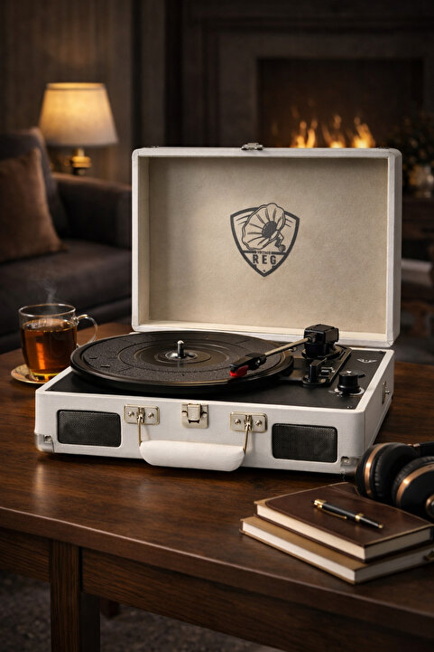 REG Vintage 102B Plus Plak Çalar Şarjlı Bluetooth Dahili Hoparlörlü Metal İğneli Krem