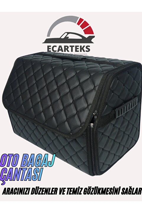 ECARTEKS PREMİUM QUALİTY CAR ACCESSORİES Oto Bagaj Düzenleyici Kapitone Deri Fermuarlı Sabitlemeli Çanta Siyah