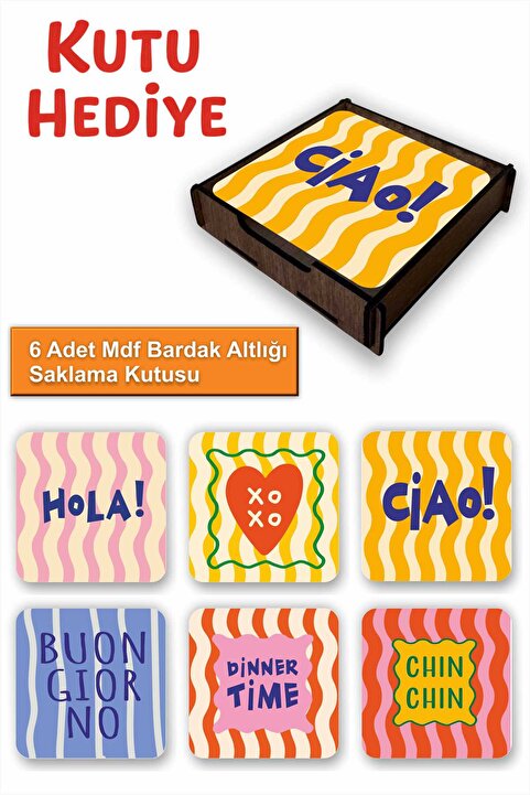 UNT 6’lı MDF Bardak Altlığı Saklama Kutulu – Dekoratif Akdeniz Desenli