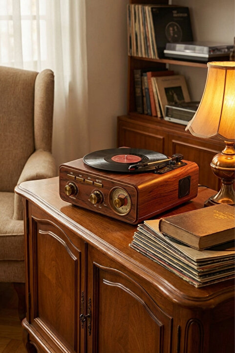 TECHNOMEN Nostaljik Gramofon Tasarımlı Bluetooth Hoparlör Retro Radyo FM/AM/SW USB TF Kart Şarjlı Ses Bombası